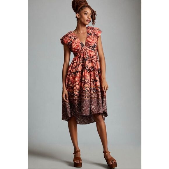 NEW By Anthropologie Deep V-Neck Puff Sleeve Bow Tie Back Babydoll Dress Size 2 - Picture 1 of 6